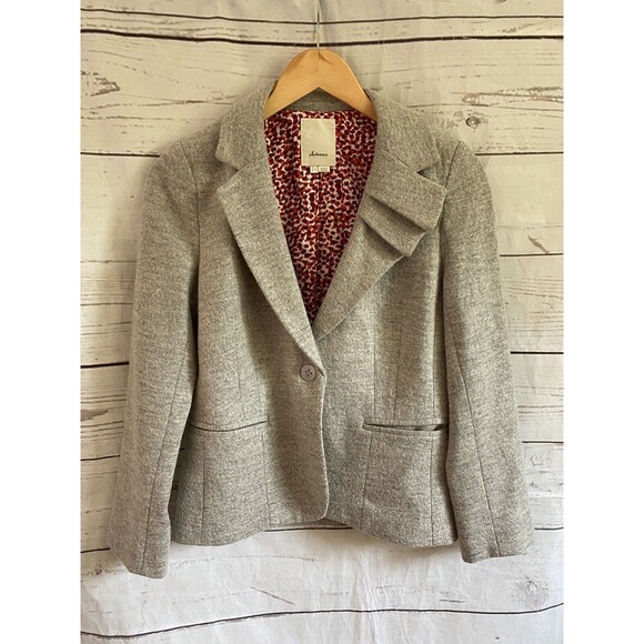 Anthropologie Elevenses Womens Blazer Size 2 Pleated Collar Gray Wool Blend - Picture 1 of 12